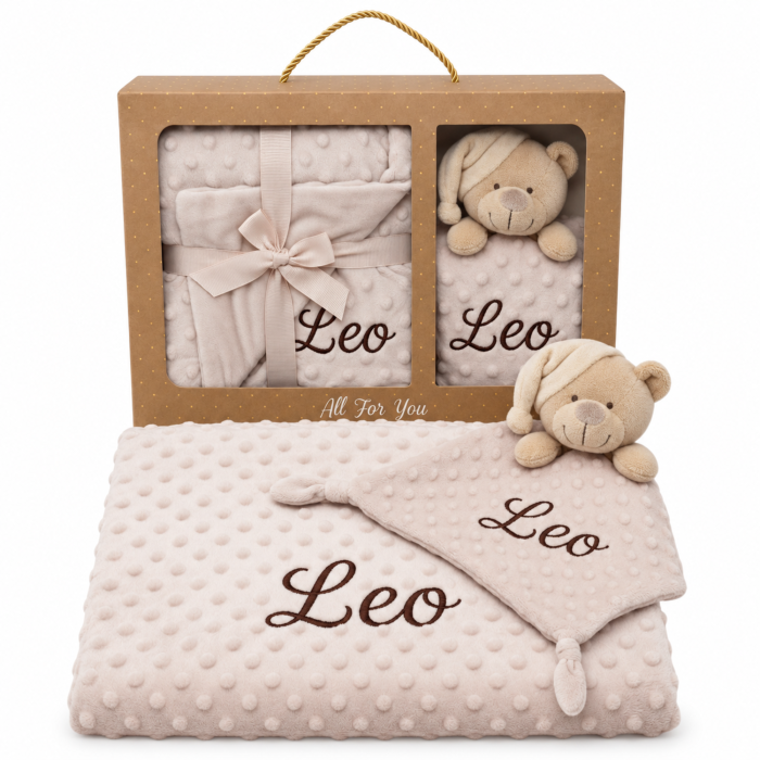Pack Manta Bebé Personalizada con Nombre Bordado con Doudou Regalo Personalizado Bebe Recién Nacido Niño Niña Mantita Suave 110x80 cm Dou Dou 25x25 cm Apego Baby Shower Bautizo