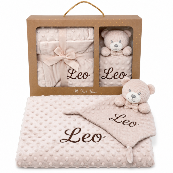 Pack Manta Bebé Personalizada con Nombre Bordado con Doudou Crochet Regalo Personalizado Bebe Recién Nacido Niño Niña Mantita Suave 110x80 cm Dou Dou 25x25 cm Apego Baby Shower Bautizo